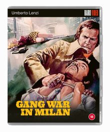 The cover of the Blu-ray release of Gang War in Milan, a painting of a man strangling another man, with the body of a woman behind.